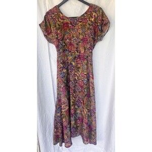 Vintage Garden Party Floral Midi Dress Women’s Size XL Tea Pocket Retro Cottage